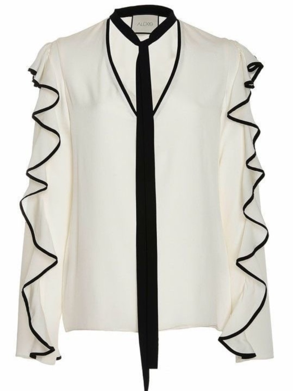 $392 ALEXIS Darcy Off White Black Tie Neck Ruffle Sleeve Blouse Top Off Sz XS